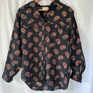 Claudia Barnes Vintage Black Paisley Button Down Blouse | Size XL |